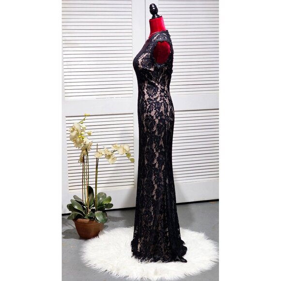 Betsy & Adam Black Lace Floral Nude Underlay Open Back Maxi Dress Size 4 2223 - Picture 4 of 16